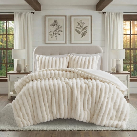Regency Heights Full/Queen Size Comforter Sets, Ivory Fluffy Ribbed Plush Bedding Set, 3-Piece Faux Fur Ribbed Bedding Comforter Set