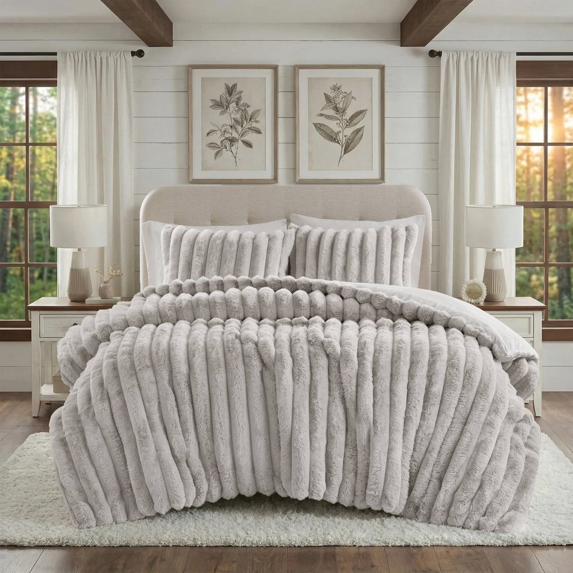 Regency Heights Full/Queen Size Comforter Sets, Light Gray Fluffy Ribbed Plush Bedding Set, 3-Piece Faux Fur Ribbed Bedding Comforter Set