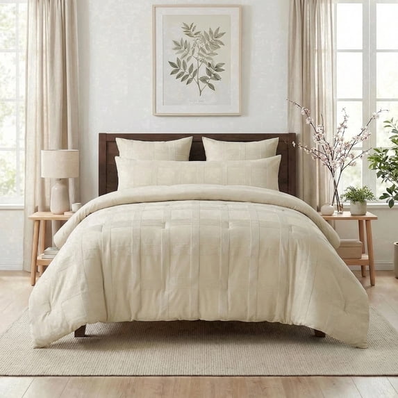 Regency Heights Full/Queen Size Comforter Set – Beige Striped Woven Bedding, 4-Piece Bed set with Body Pillow Sham, Machine Washable for All Seasons