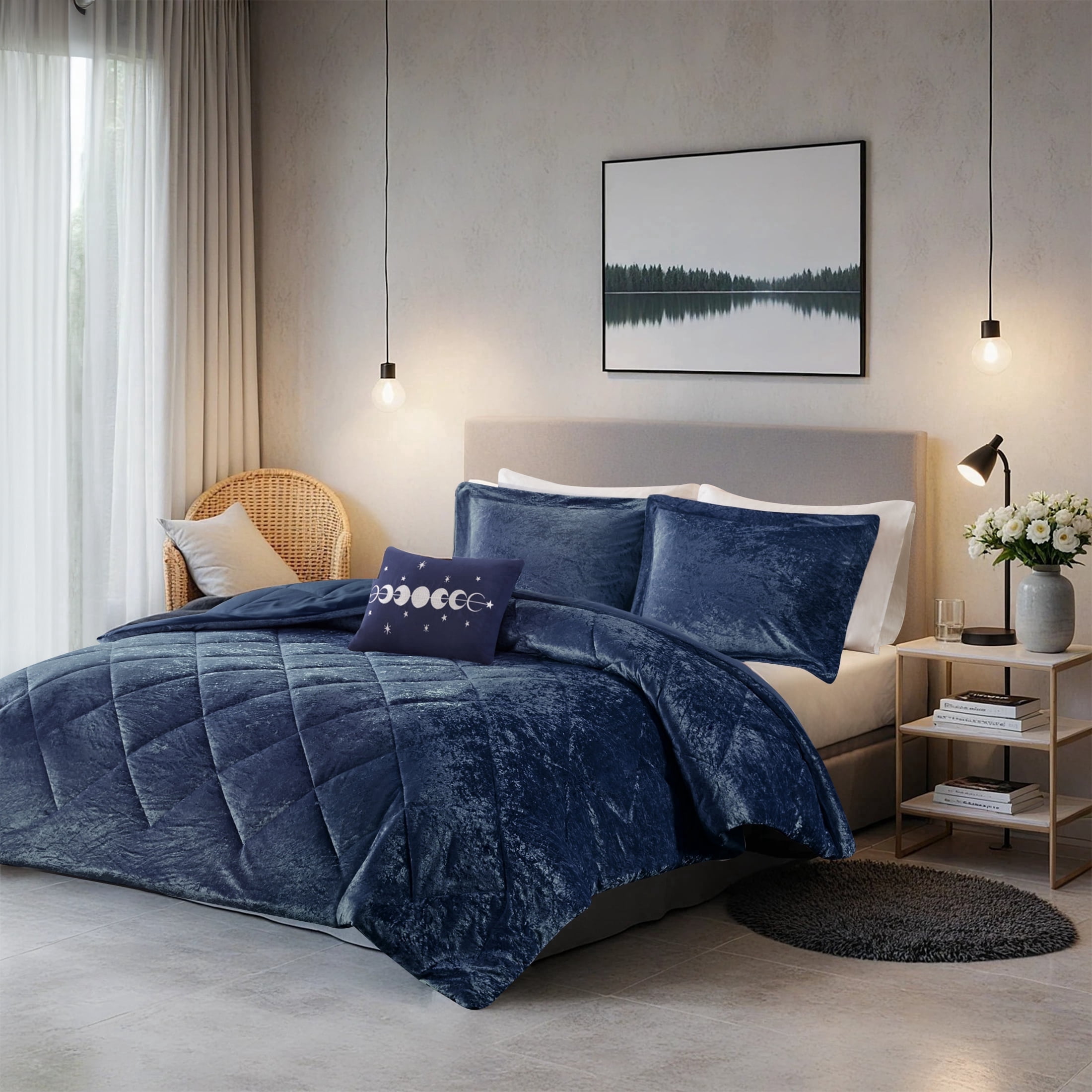 Regency Heights Full/Queen Size Comforter Sets, Velvet Bedding Comforter Set for All Seasons, Navy Bedding Set with Decor Pillow, 4-Piece