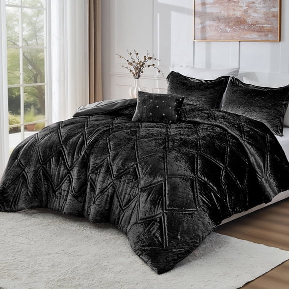 Regency Heights Full/Queen Size Comforter Sets, Velvet Bedding Comforter Set for All Seasons, Black Bedding Set with Decor Pillow