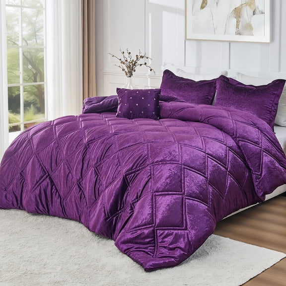 Regency Heights Full/Queen Size Comforter Sets, Velvet Bedding Comforter Set for All Seasons, Purple Bedding Set with Decor Pillow