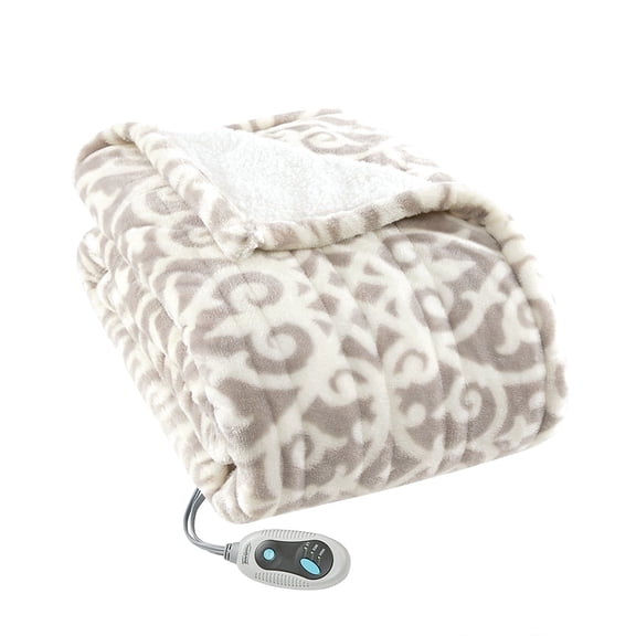 Beautyrest Damask Heated Sherpa Snuggle Wrap Throw, Grey Lattice Ultra Cozy Heated Electric Blanket in 50x64"