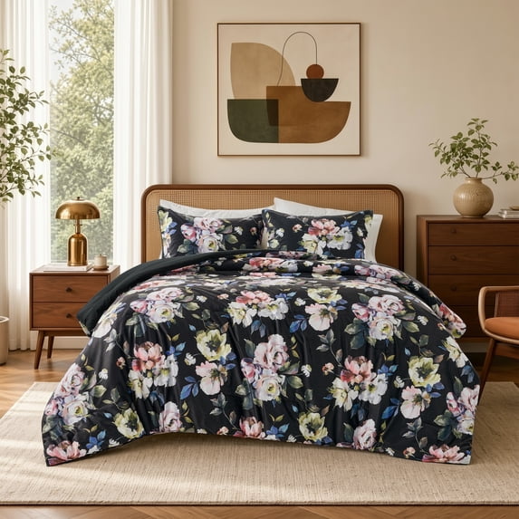 Regency Heights Full/Queen Velvet Comforter Set – 3-Piece Black Painted Floral Bedding, Vintage Cottage Shabby Chic Decor