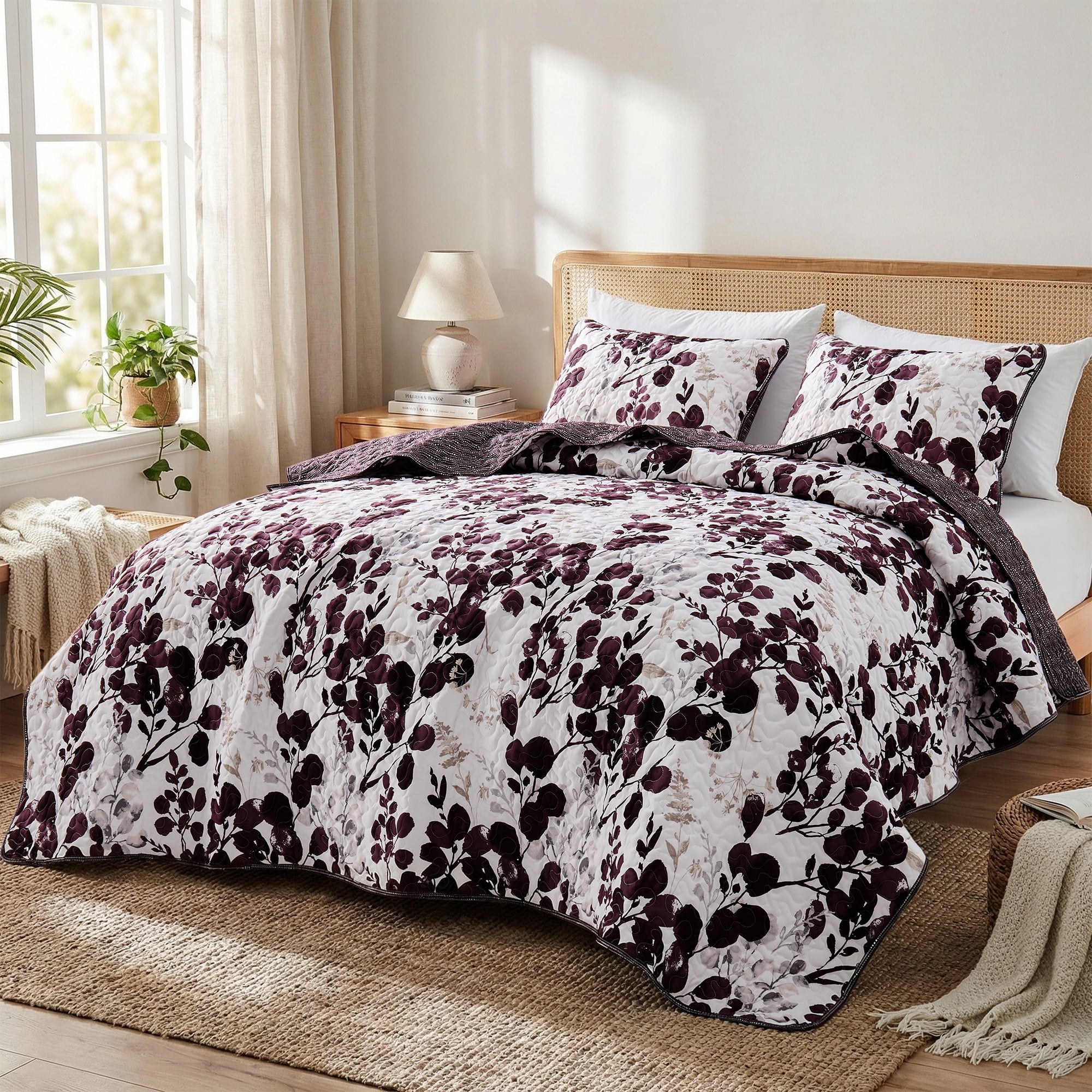 Regency Heights Full/Queen Botanical Quilt Set, 3-Piece Reversible Floral Summer Quilt Coverlet Bedding Set, Plum Quilted Bedspread with Shams for All Season