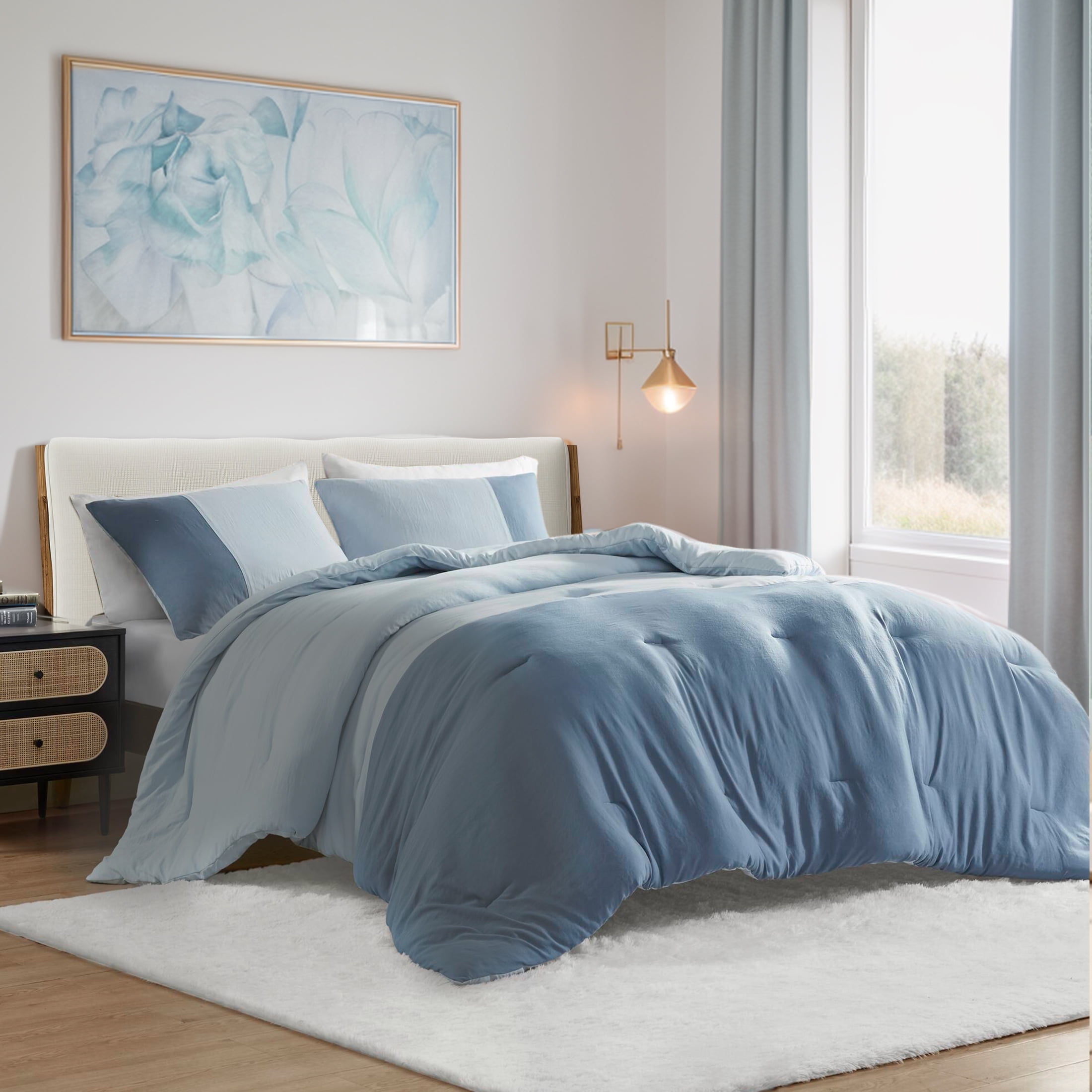 Regency Heights Full/Queen Soft Washed Color Block Comforter Set 3-Piece Bedding Set Blue