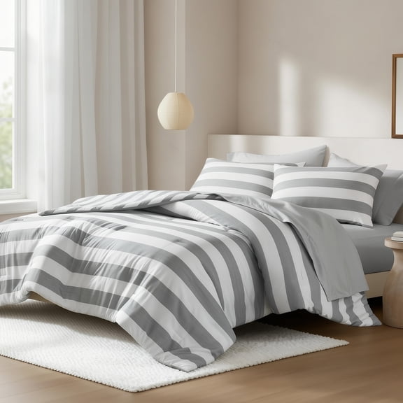 Regency Heights Essential Full Size Comforter Sets, 7-Piece Bed in a Bag Full, Reversible Striped Comforter Bed Set with Sheets, Grey