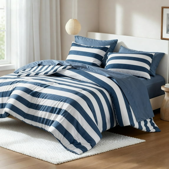 Regency Heights Essential Full Size Comforter Sets, 7-Piece Bed in a Bag Full, Reversible Striped Comforter Bed Set with Sheets, Navy