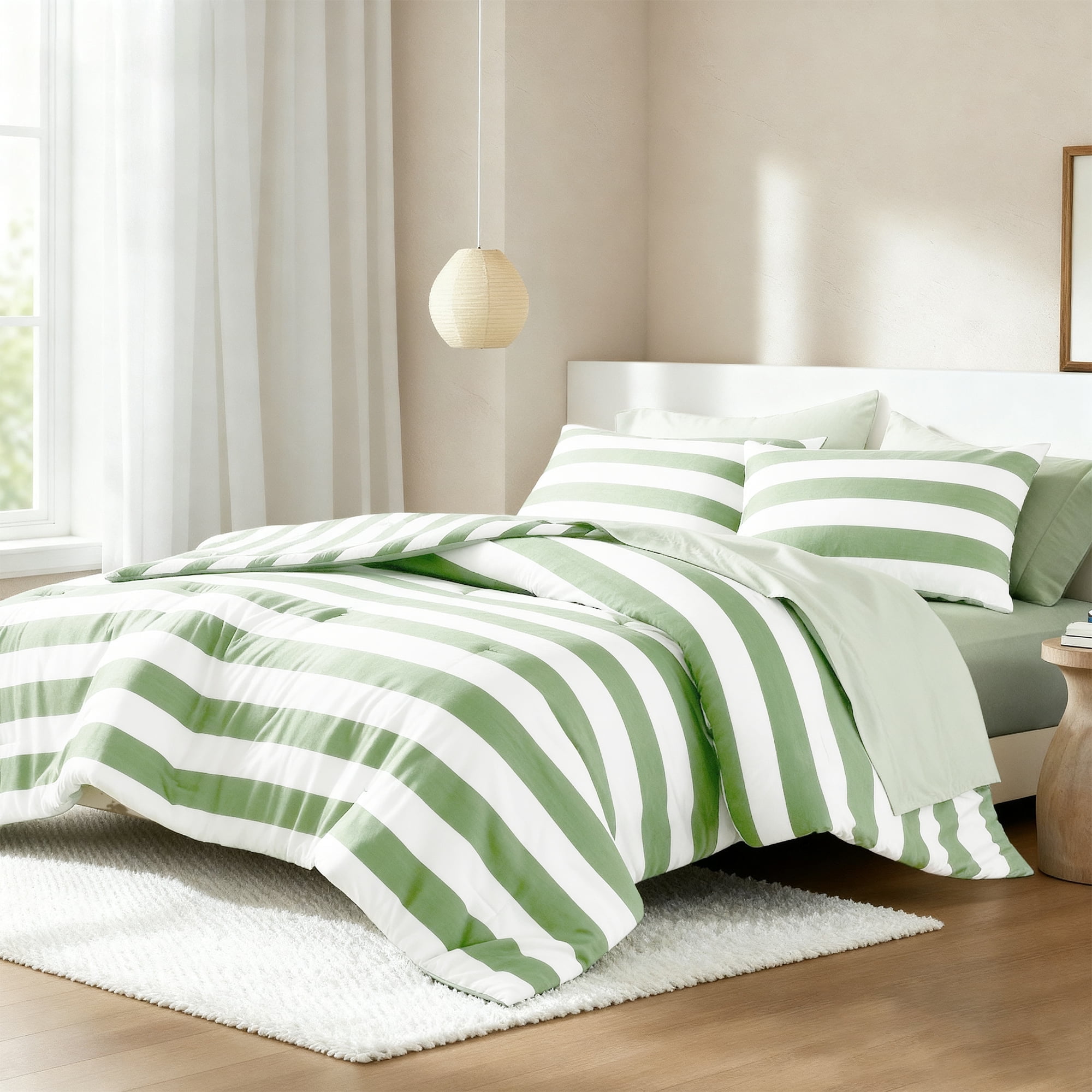 Regency Heights Essential Full Size Comforter Sets, 7-Piece Bed in a Bag Full, Reversible Striped Comforter Bed Set with Sheets, Sage