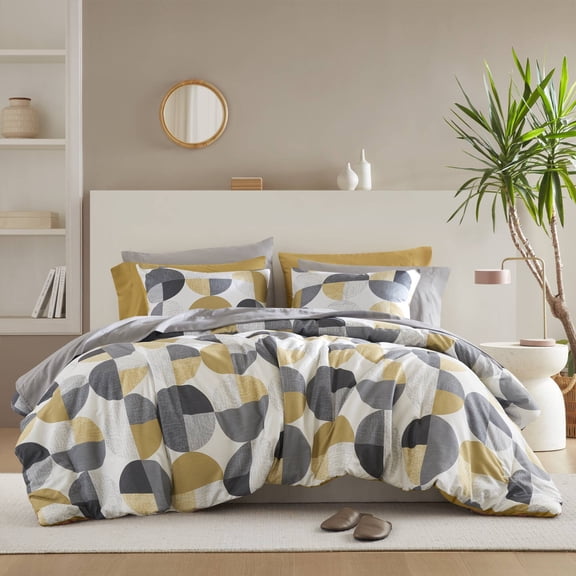 Regency Heights Full Size Comforter Set, 9-Piece Bed in a Bag Full, Round Geometric Print Bedding Comforter Set with Sheets, Yellow