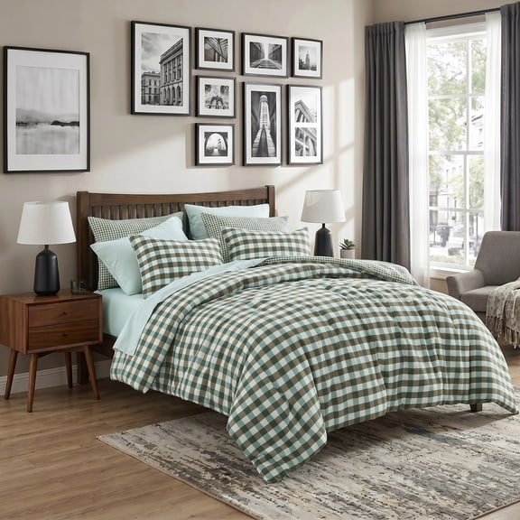 Regency Heights Full Size Bed in a Bag, 9 Pieces Green Plaid Comforter Set with Sheets and Side Pockets, Reversible Bedding Sets for All Seasons