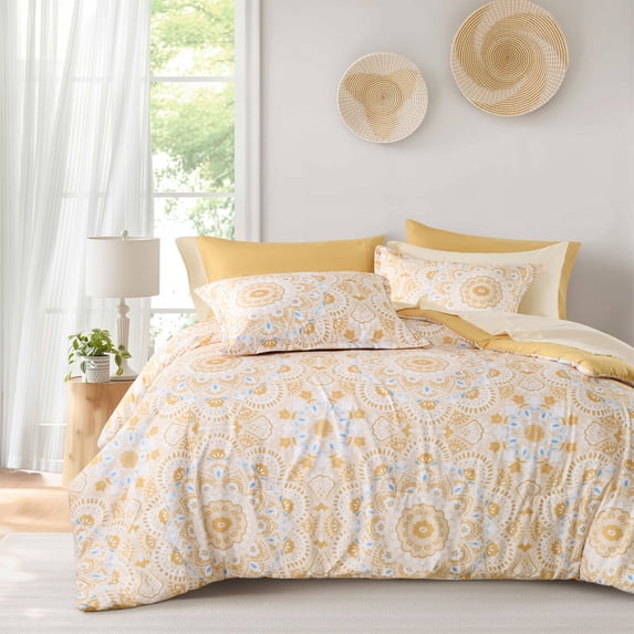 Regency Heights Full Size Comforter Set, 9-Piece Bed in a Bag Full, Yellow Bedding Comforter Set with Comforter, Flat Sheets, Fitted Sheets with Side Pockets