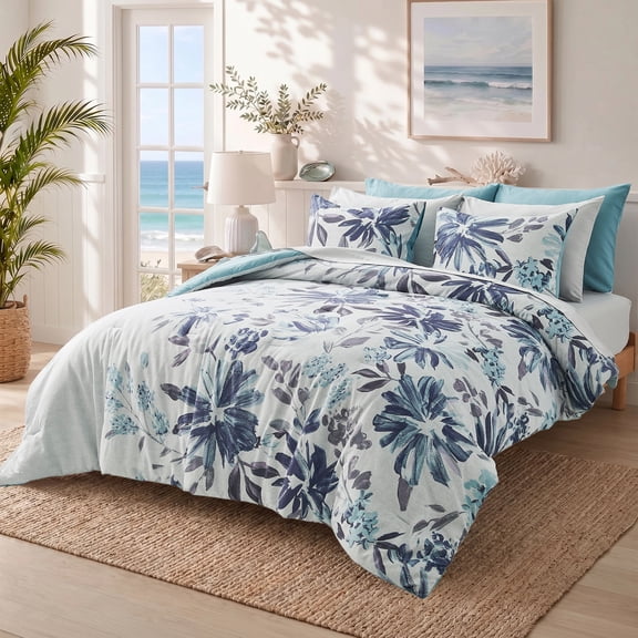 Regency Heights Full Size Comforter Set with Sheets, 9-Piece Floral Textured Print Bed in a Bag Full, Blue Bedding Comforter Set with Bed Sheets and Side Pocket