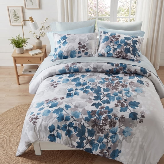 Regency Heights Full Size Comforter Sets, Blue Bed in a Bag Full, Botanical Bedding Comforter Set with Bed Sheets and Side Pockets, 9 Pieces