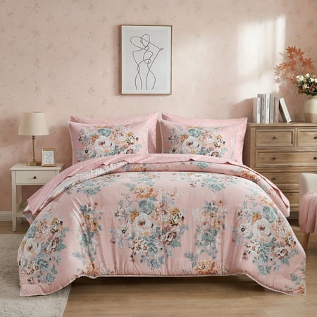 Regency Heights Full Size Comforter Sets, Pink Vintage Floral Bed in a Bag Full, 7 Pieces Bedding Comforter Set with Bed Sheets and Pillowcases