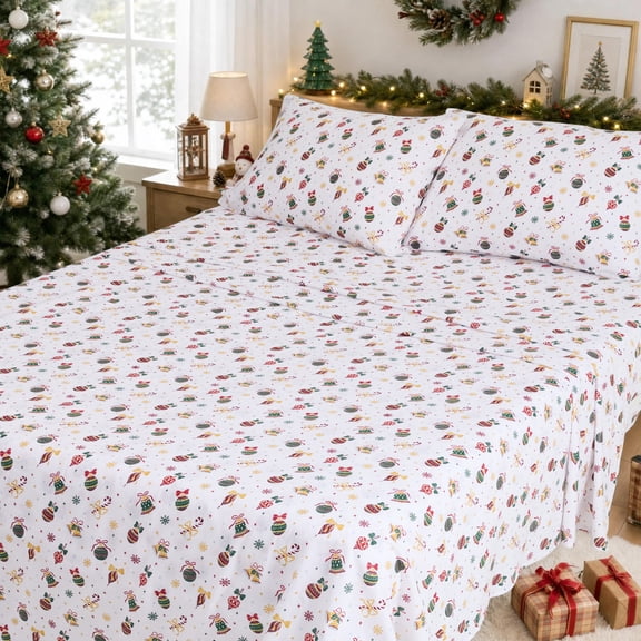 Regency Heights Full Size Cotton Flannel Sheet Set, 4-Piece Flannel Bed Sheets Full, 100% Cotton Bed Sheets Set with Deep Pocket, Santa Ornaments