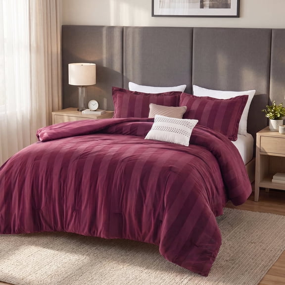 Regency Heights Full Size Velvet Striped Comforter Set, 5-Piece Luxury Comforter Bed Set for All Seasons, Burgundy Cozy Bedding Sets with Decor Pillows