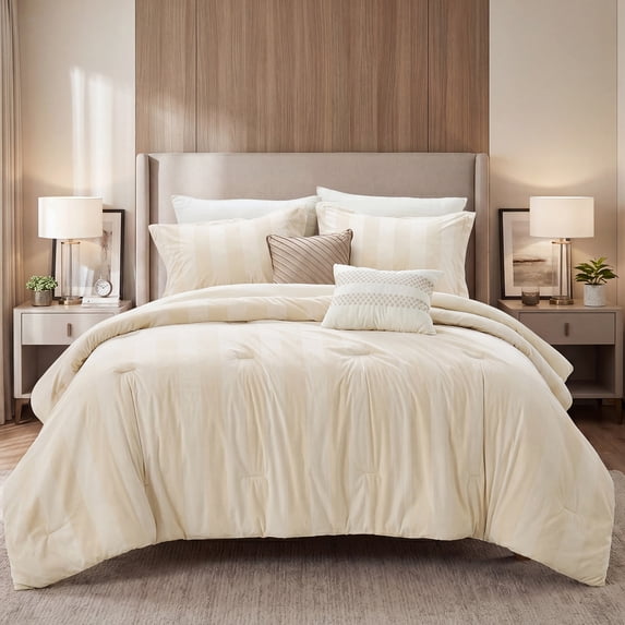 Regency Heights Full Size Velvet Striped Comforter Set, 5-Piece Luxury Comforter Bed Set for All Seasons, Champagne Cozy Bedding Sets with Decor Pillows