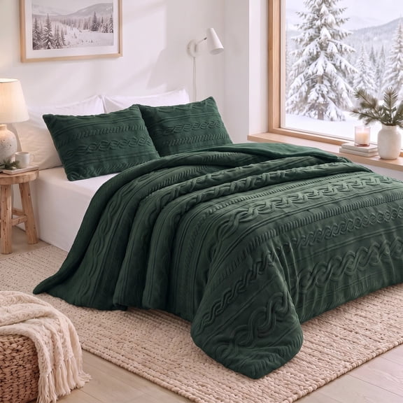 Regency Heights Jacquard Sherpa Cozy Comforter Set, 3-Piece Cable Knit Textured Bedding with Soft Plush Reverse, Full/Queen Size Warm Fluffy Comforter with Shams, Olive Green