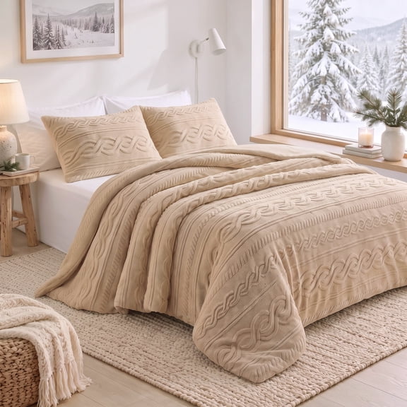 Regency Heights Jacquard Sherpa Cozy Comforter Set, 3-Piece Cable Knit Textured Bedding with Soft Plush Reverse, Full/Queen Size Warm Fluffy Comforter with Shams, Tan