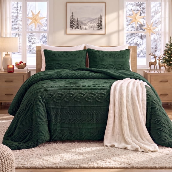 Regency Heights Jacquard Sherpa Cozy Comforter Set, 3-Piece Cable Knit Textured Bedding with Soft Plush Reverse, King/Cal King Size Warm Fluffy Comforter with Shams, Olive Green