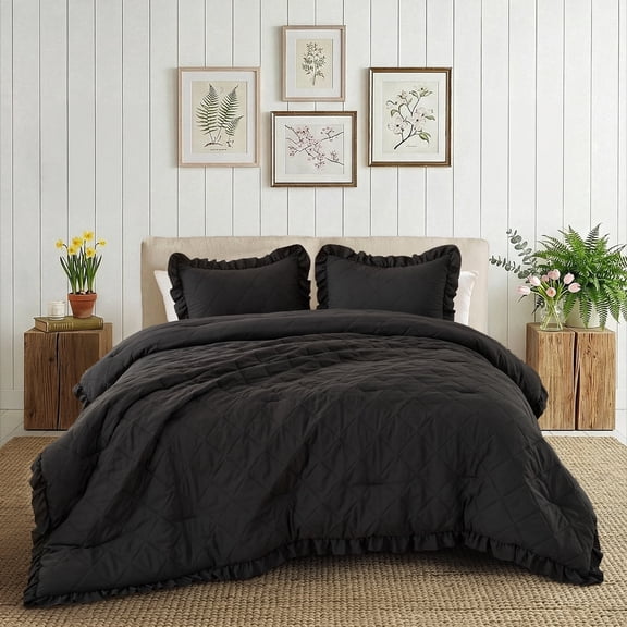 Regency Heights King/Cal King Comforter Set Black, 3 Pieces Quilted Ruffle Comforters King/Cal King Size, Solid Bedding Comforters Sets, Gift for Women