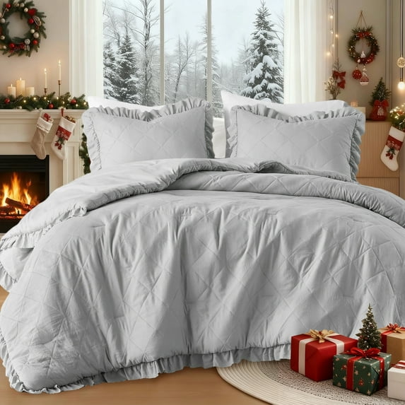 Regency Heights King/Cal King Comforter Set Gray, 3 Pieces Quilted Ruffle Comforters King/Cal King Size, Solid Bedding Comforters Sets, Gift for Women