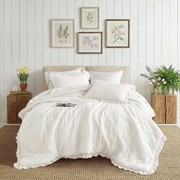Regency Heights King/Cal King Comforter Set Ivory, 3 Pieces Quilted Ruffle Comforters King/Cal King Size, Solid Bedding Comforters Sets, Gift for Women