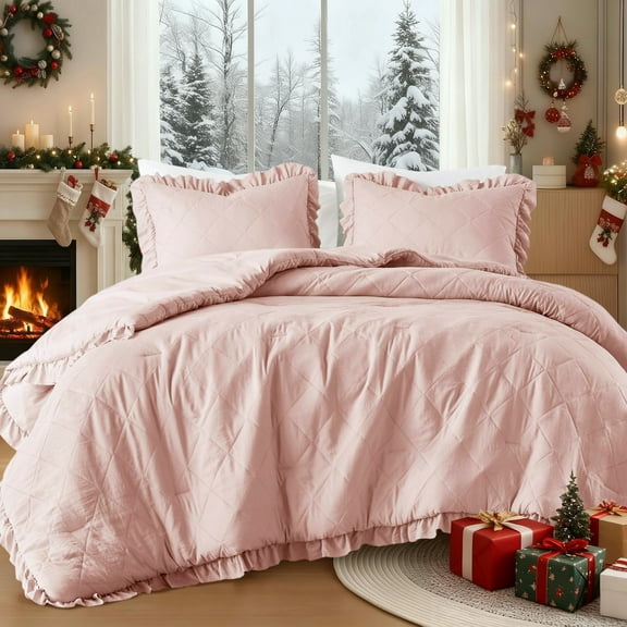 Regency Heights King/Cal King Comforter Set Pink, 3 Pieces Quilted Ruffle Comforters King/Cal King Size, Solid Bedding Comforters Sets, Gift for Women
