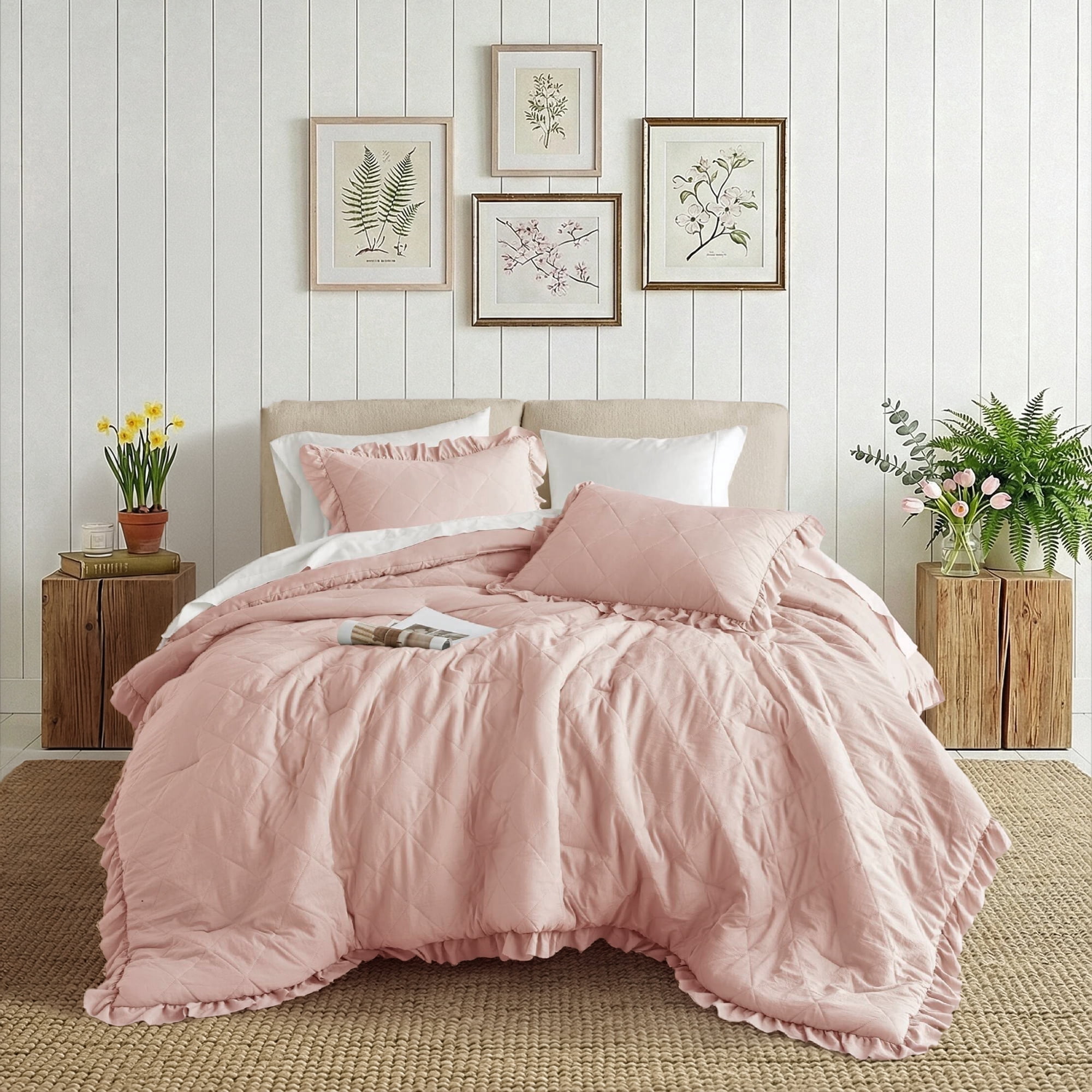 Regency Heights King/Cal King Comforter Set Pink, 3 Pieces Quilted Ruffle Comforters King/Cal King Size, Solid Bedding Comforters Sets, Gift for Women