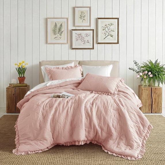 Regency Heights King/Cal King Comforter Set Pink, 3 Pieces Quilted Ruffle Comforters King/Cal King Size, Solid Bedding Comforters Sets, Gift for Women