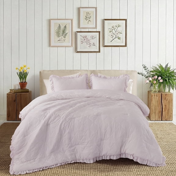 Regency Heights King/Cal King Comforter Set Purple, 3 Pieces Quilted Ruffle Comforters King/Cal King Size, Solid Bedding Comforters Sets, Gift for Women