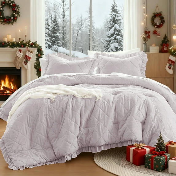 Regency Heights King/Cal King Comforter Set Purple, 3 Pieces Quilted Ruffle Comforters King/Cal King Size, Solid Bedding Comforters Sets, Gift for Women
