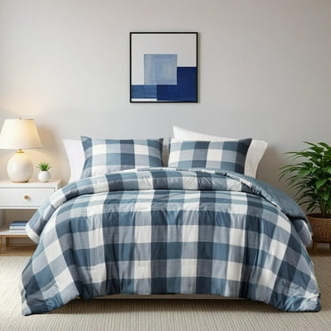 Regency Heights King/Cal King Comforter Set Reversible 3-Piece Soft Fluffy and Lightweight Plaid Check Printed Bedding Set Blue