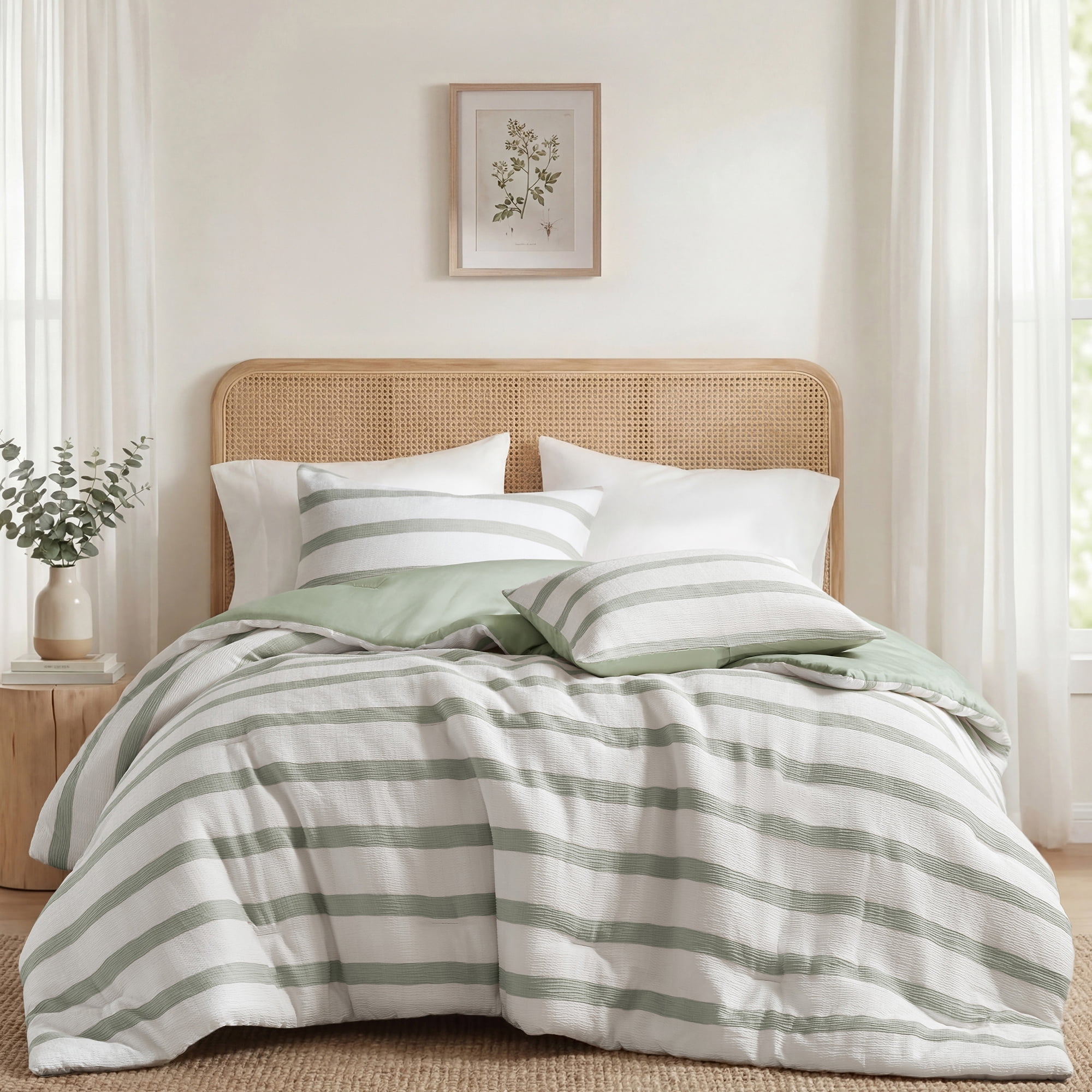 Regency Heights King/Cal King Comforter Set, Striped Texture Bedding Comforter Sets, 3 Pieces Tonal Stripes Woven Comforter with Pillow Sham, Sage Green