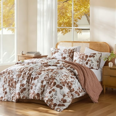 Regency Heights King/Cal King Comforter Sets, Reversible Seersucker Floral Bedding Sets, 3 Piece Lightweight Spiced Terracotta Botanical Flowers Comforter Bed Set with Pillow Shams