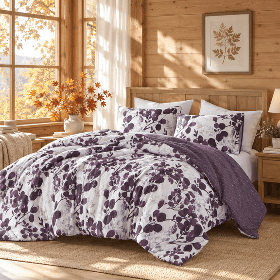 Regency Heights King/Cal King Comforter Sets, Reversible Seersucker Floral Bedding Sets, 3 Piece Lightweight Dark Plum Botanical Flowers Comforter Bed Set with Pillow Shams