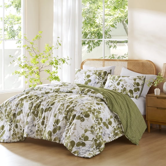 Regency Heights King/Cal King Comforter Sets, Reversible Seersucker Floral Bedding Sets, 3 Piece Lightweight Olive Green Botanical Flowers Comforter Bed Set with Pillow Shams