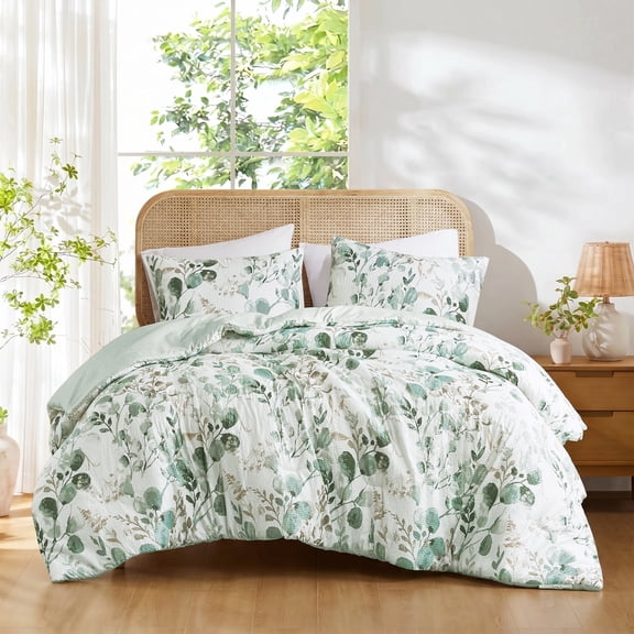 Regency Heights King/Cal King Comforter Sets, Reversible Seersucker Floral Bedding Sets, 3 Piece Lightweight Sage Green Botanical Flowers Comforter Bed Set with Pillow Shams