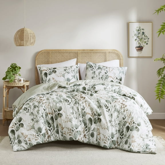 Regency Heights King/Cal King Comforter Sets, Reversible Seersucker Floral Bedding Sets, 3 Piece Lightweight Sage Green Botanical Flowers Comforter Bed Set with Pillow Shams