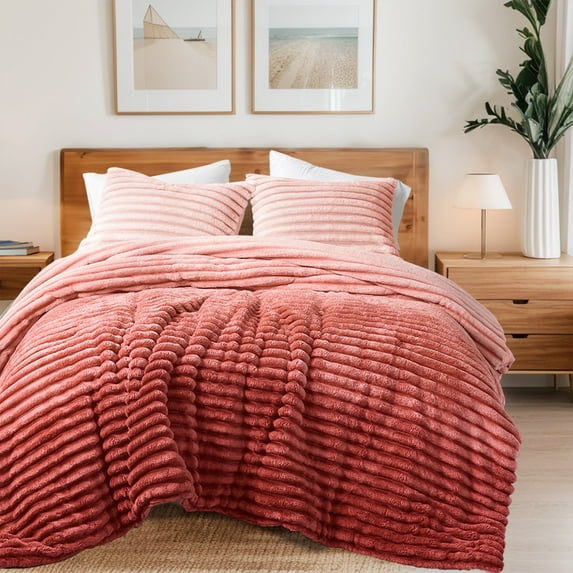 Regency Heights King/Cal King Fluffy Ribbed Plush Comforter Set 3-Piece Bedding Set Blush Ombre