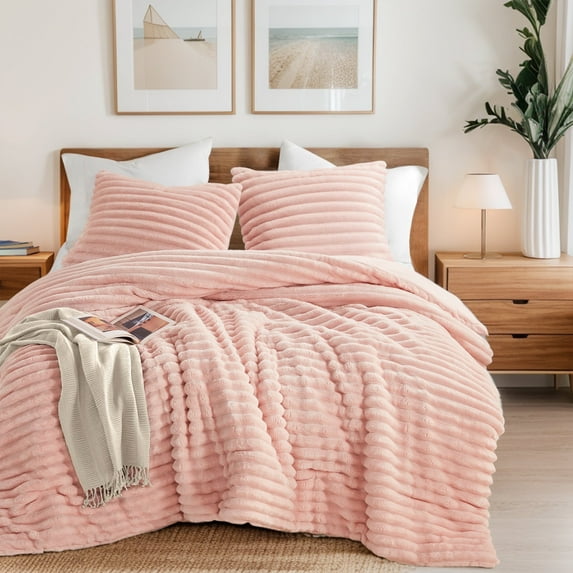 Regency Heights King/Cal King Fluffy Ribbed Plush Comforter Set 3-Piece Bedding Set Pink