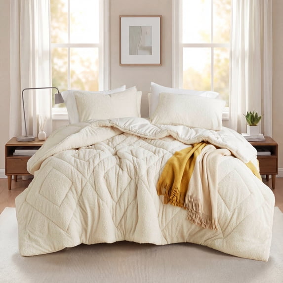 Regency Heights King/Cal King Quilted Plush Comforter Set, 3-Piece Reversible Feather-Soft Bedding Sets, Textured Sherpa Comforter Bed Set for All Season, Ivory