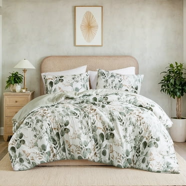 Regency Heights King/Cal King Comforter Sets, Reversible Seersucker Floral Bedding Sets, 3 Piece Lightweight Sage Green Botanical Flowers Comforter Bed Set with Pillow Shams