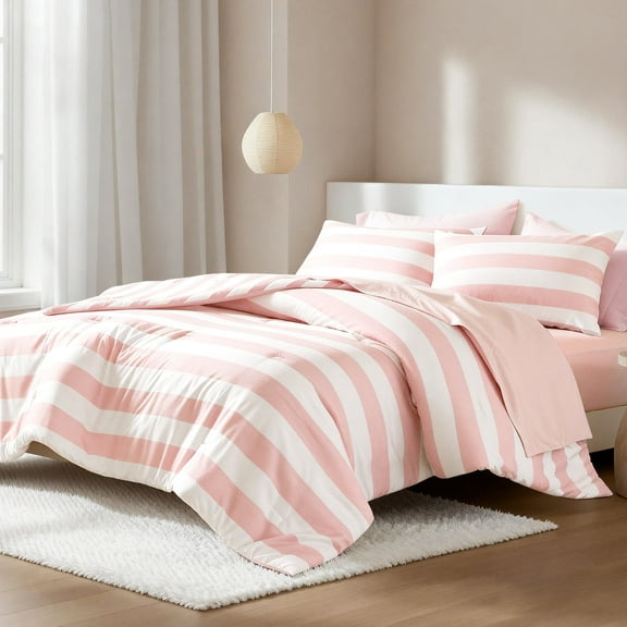 Regency Heights King Size Comforter Sets, 7-Piece Bed in a Bag King, Reversible Striped Comforter Bed Set with Sheets, Blush