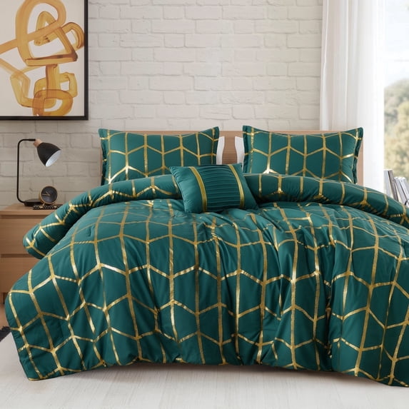 Regency Heights King/Cal King Size Comforter Set, 4-Piece Bedding Set for All Seasons, Geometric Metallic Comforter Bed Set with Decor Pillows,Green/Gold