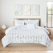 Regency Heights King/Cal King Size Comforter Set, 5-Piece Bedding Set for All Seasons, Geometric Metallic Comforter Bed Set with Decor Pillows, White/Silver