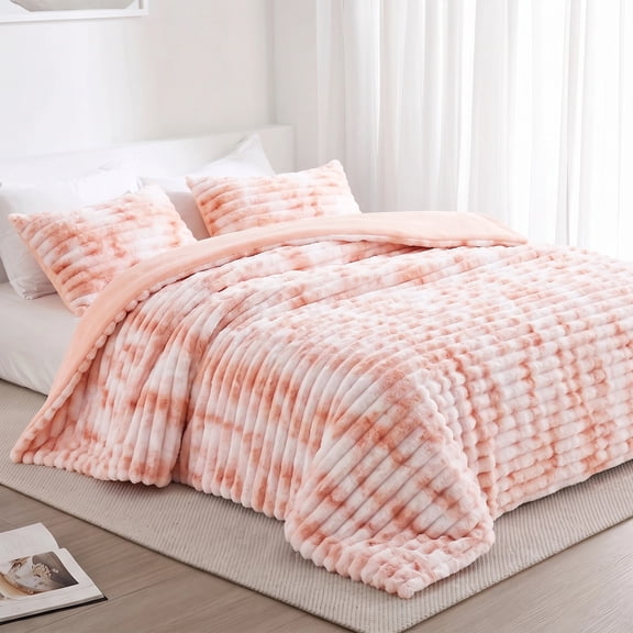 Regency Heights King/Cal King Size Comforter Set, Fluffy Ribbed Plush Comforter Set, 3-Piece Bedding Set, Pink Tie Dye
