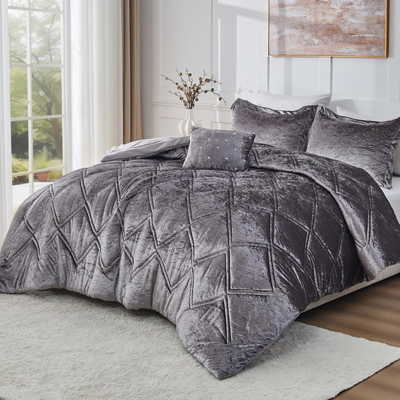 Regency Heights King/Cal King Size Comforter Sets, Velvet Bedding Comforter Set for All Seasons, Grey Bedding Set with Decor Pillow