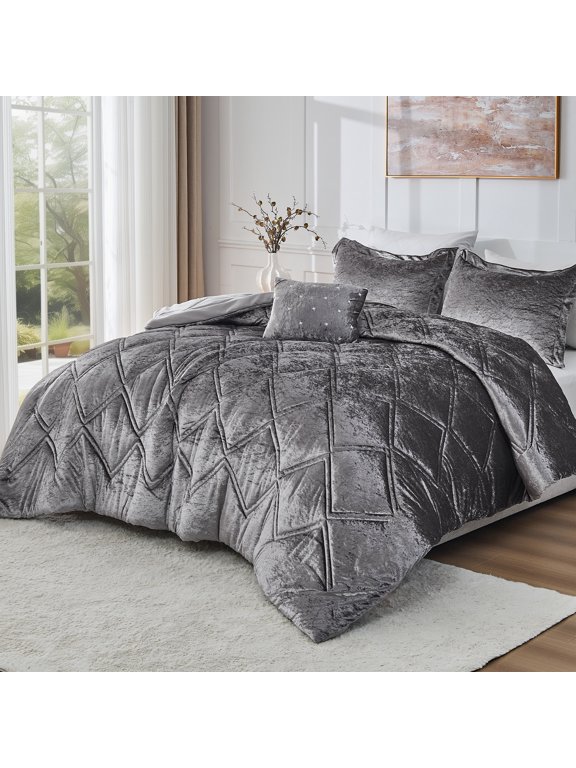 King/Cal King Size Comforter Sets, Velvet Bedding Comforter Set for All Seasons, Grey Bedding Set with Decor Pillow